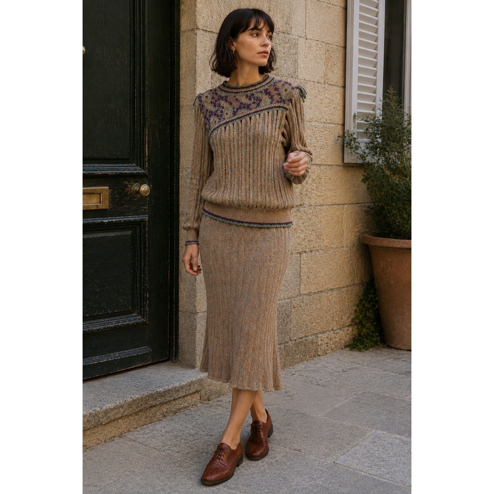 Lucey‎ Harley Strachan Knitwear VTG Sweater & Skirt Set Women's M Purple Brown